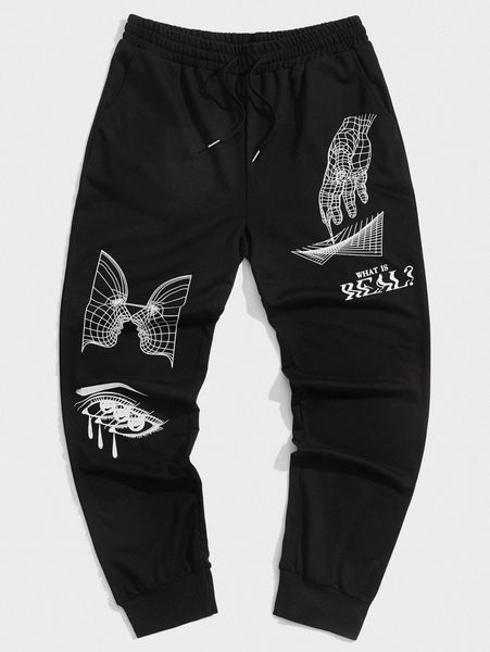 

romwe guys figure slogan graphic sweatpants k5jy#, Black
