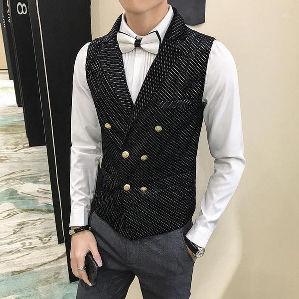 

double-breasted suit vest for men wedding groom dress vests brilliant stage performance men's waistcoat casual lapel gilet1, Black;white