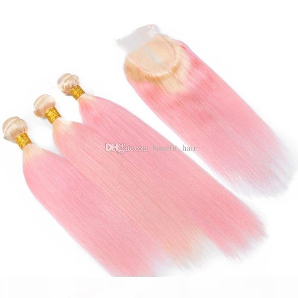 

ombre #613 blonde peach pink hair weft extension with lace closure pink silky straight 3 bundles virgin hair weaves with closure, Black;brown