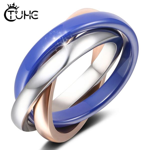 

cluster rings three circle in one ring jewelry stainless steel and healthy ceramic material never fade female pink blue color, Golden;silver