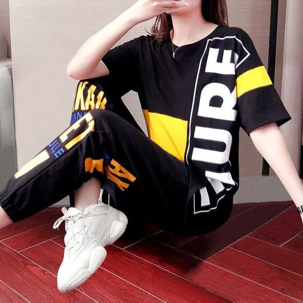 

single piece\sports suit female 2020 summer casual korean version of women's costumes fashion short sleeve two piece set women, Gray
