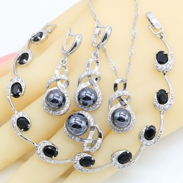 

geometric black pearl silver color jewelry sets for women earrings rings necklace pendant zircon bracelet 201222, Slivery;crystal