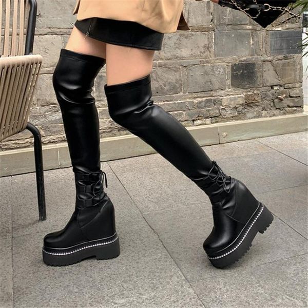 

pxelena 34-41 vintage wedge hidden heels thigh high boots women genuine leather stretch punk rock gothic over the knee boots, Black