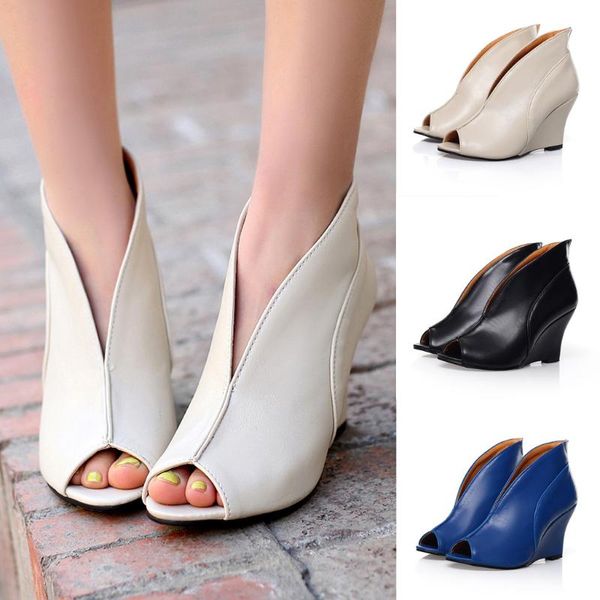 

sandals women 2020 fashion fish mouth wedge sandal white bare ankle boot casual roman high heel shoes elegant lady slip-on pumps, Black
