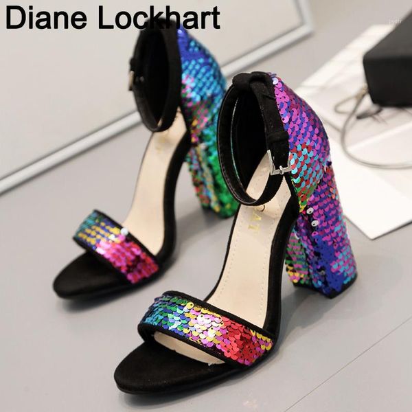 

chunky high heel ankle strap woman sandals rainbow colorful sequins buckle women's sandal bling bling color sequins mujer sandal1, Black