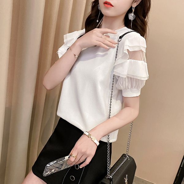 

шифоновое пуловер top свитер сплайсинга выдалбливают короткий рукав шелк льда топ женщин 2020 летом новый белый футболка пуловер свитер для, White