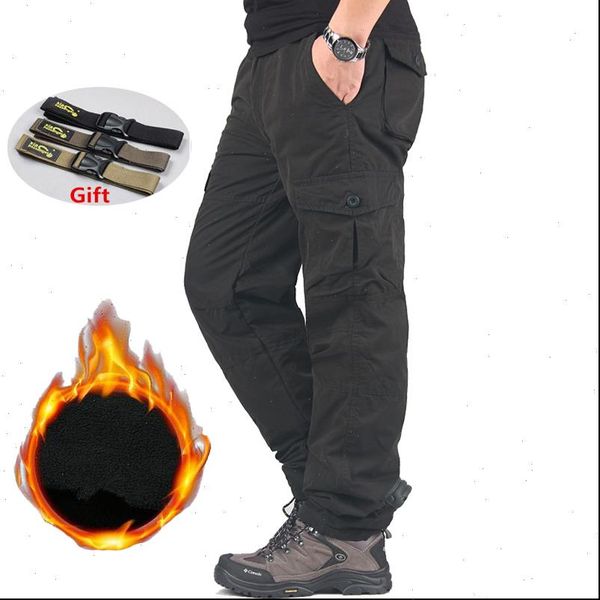 

military pants mens thicken winter fleece warm pants men multi pockets long trousers male joggers cargo bottom sweatpants m 3xl, Black