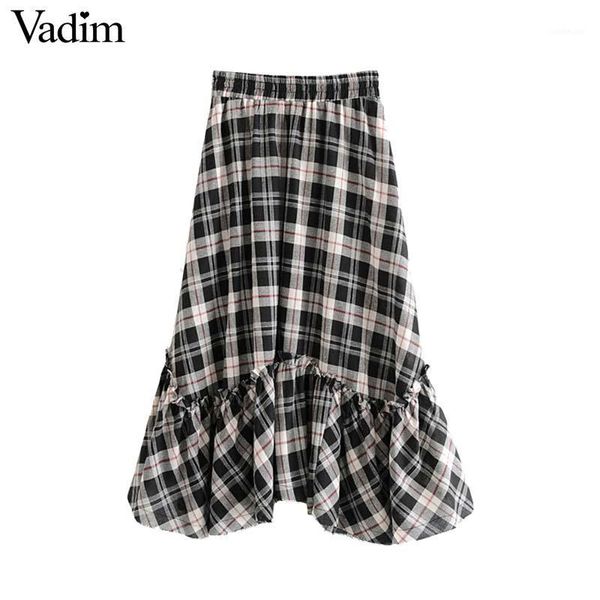

vadim women vintage plaid ruffled midi skirt elastic waist stylish female casual wear sweet mid calf a line skirts ba5861, Black