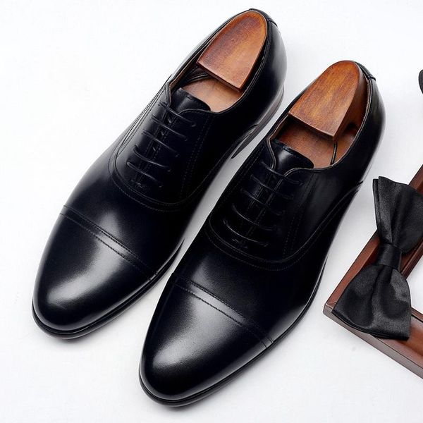 

new classic man handmade cap toe party wedding shoes natural genuine leather men's pointed toe laces welted office flats dx179, Black