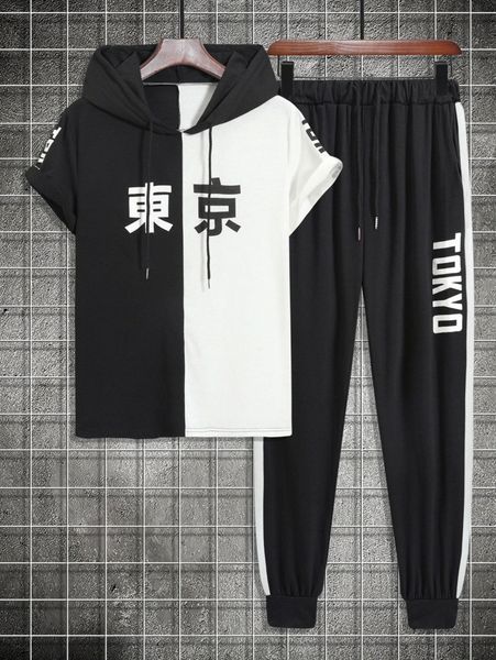 

men japanese letter graphic two tone drawstring hooded tee & sweatpants x9v3#, Gray