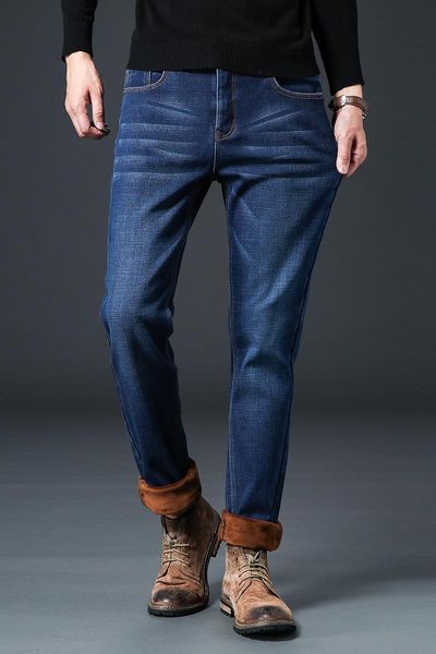 

personalized washable and versatile new elastic jeans men's straight slim and plush thickened men's casual pants, Blue