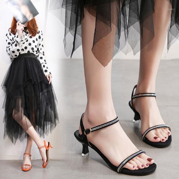 

sandals women sandals2021 rhinestone bling middle heel stiletto summer casual open peep toe female roman beach shoes #451, Black