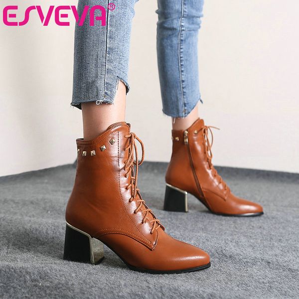

esveva 2021 rivet zipper pointed toe square high heel pu leather ankle boots women boots shoes western style size 34-43, Black