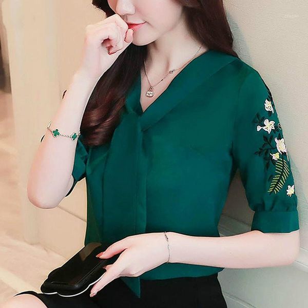 

women's blouses & shirts 2021 chiffon office lady shirt women blouse short sleeve summer plus size embroidery women's clothing bl, White