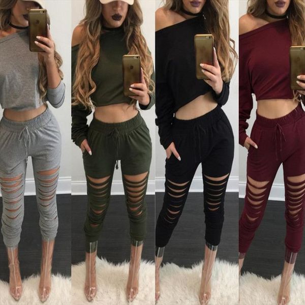 

перфорированного твердого верхнего урожая костюм set 2020 женщины tracksuit двухкусочный спорт стиль outfit беговая толстовка фитнес lounge, Gray