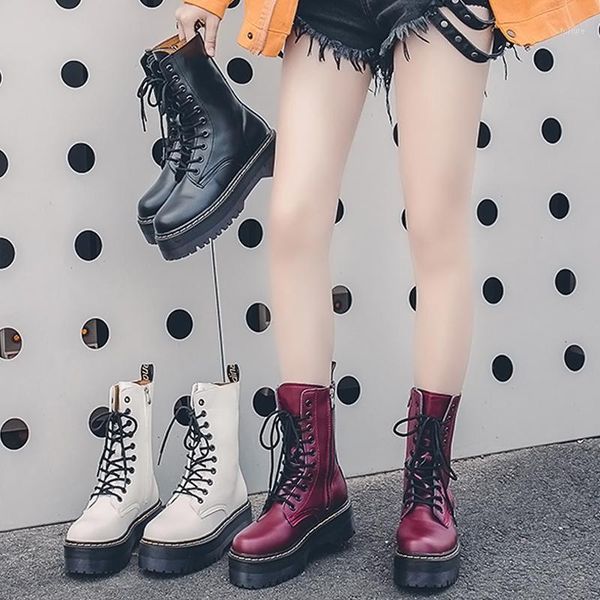

10-eye women motorcycle boots mid-calf boots lace up side zipper flat platform shoes female high heels1, Black