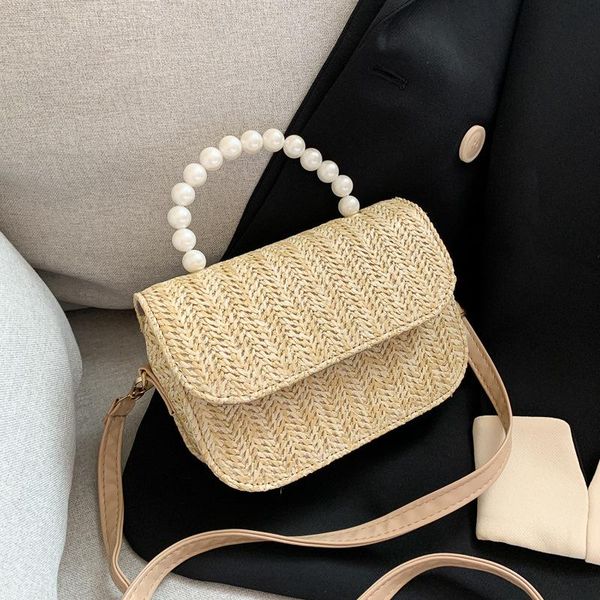 

new arrival summer weaving shoulder bag female 2020 new beach boho straw crossbody bag pearl hand handbags woman flap