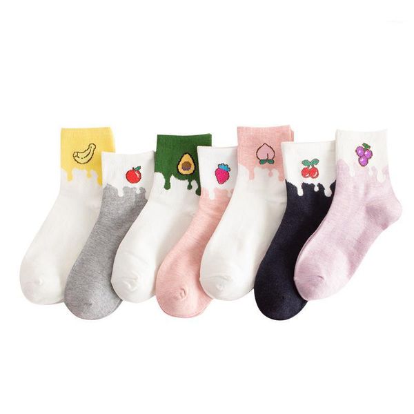 

kawaii women socks funny cartoon cute fruits pink white avocado sock colorful novelty skateboard fashion korean harajuku socks1, Black;white