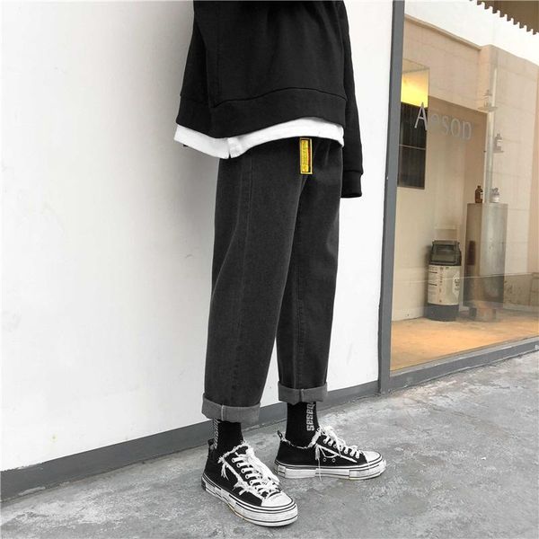 

men's jeans 2021 korean fashoins baggy harem blue pants vintage straight harajuku belt denim clothing