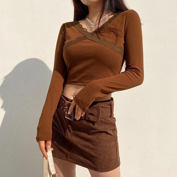 

dropshopping v neck lace long sleeve crop t shirt casual fashion korean t-shirt women autumn brown cotton tee shirt femme, White