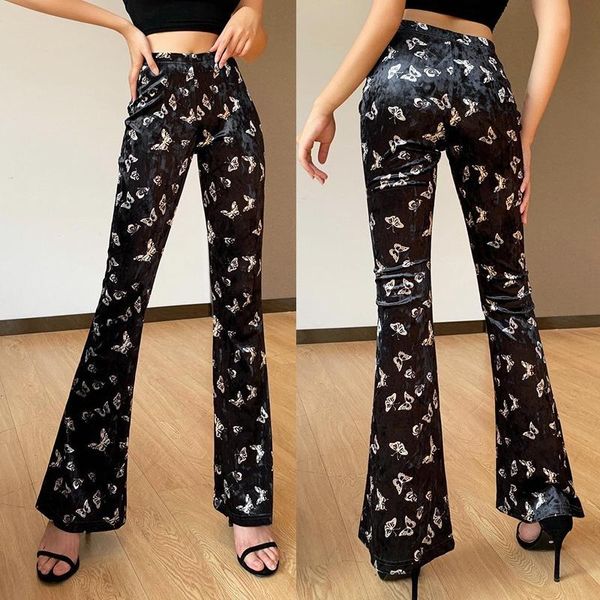

vintage gothic butterfly printing pants high waist black slim autumn flare trousers women streetwear, Black;white