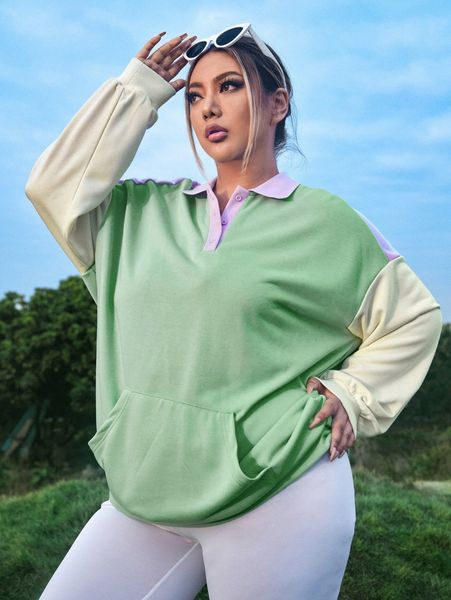 

plus button half placket drop shoulder sweatshirt 588j#, Black