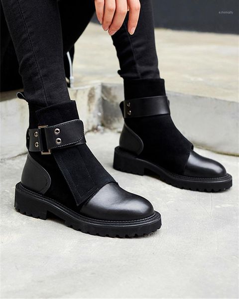 

boots belted faux leather biker low heeled black street casual style1