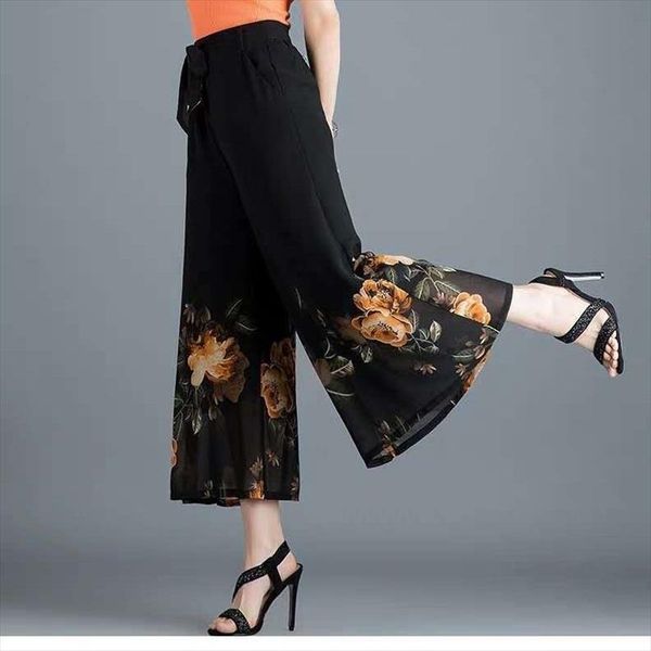 

2020 new women summer thin high elastic waisted wide leg pants female casual chiffon printed skirts trousers plus size 4xl a54, Black;white