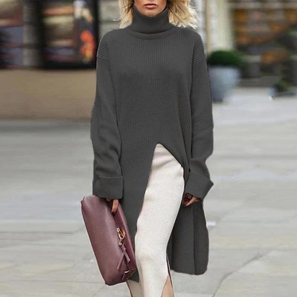 

autumn winter knitted women oversized long sleeve split long dress elegant korea loose turtleneck maxi sweater dresses, Black;gray
