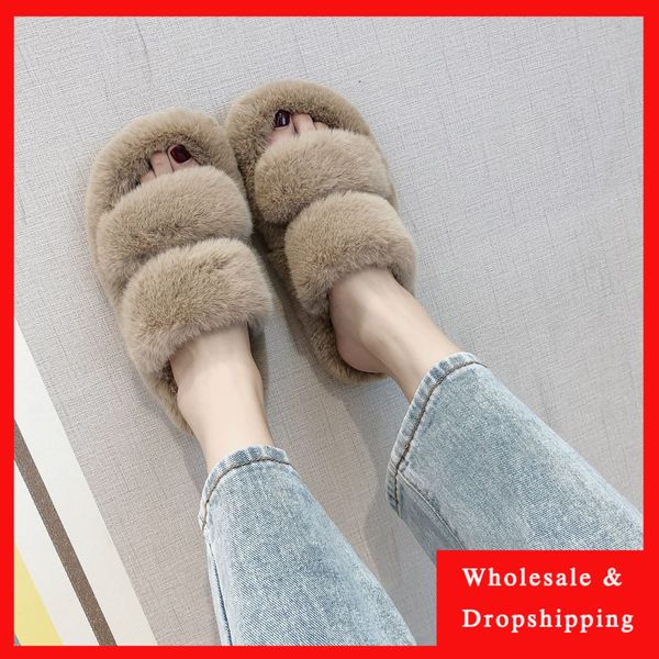 New Mulheres Fur Inverno Slides furry Mulher Sandals Flip Flops Chinelo Hot Ladies Plush Shoes C1011