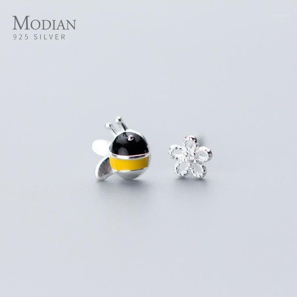 

stud modian genuine 925 sterling silver insect bee enamel flower earrings for women small cute fashion jewelry gifts pendientes1, Golden;silver
