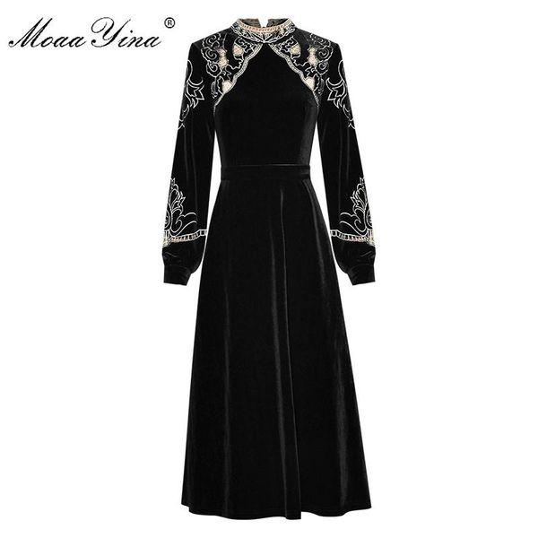 

moaayina fashion designer dress autumn women's dress stand collar long sleeve hollow out embroidery vintage velvet dresses, Black;gray