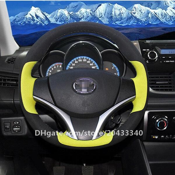 

for toyota vios 14-2017 car steering wheel cover black suede w/ yellow leather