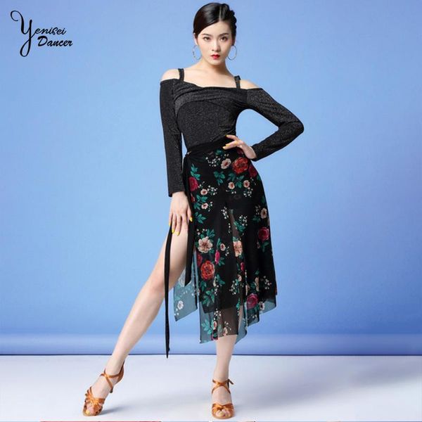 

new latin dance hip scarf fashion print skirt female chiffon slim fit latin dance practice clothes dancing costume, Black;red