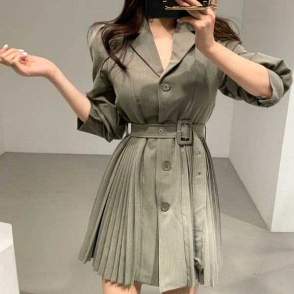 

ewq] simple fashion trend ladies blazer dress korean style pleated single-breasted waist slim women khaki autumn dresses qv1310, Black;gray