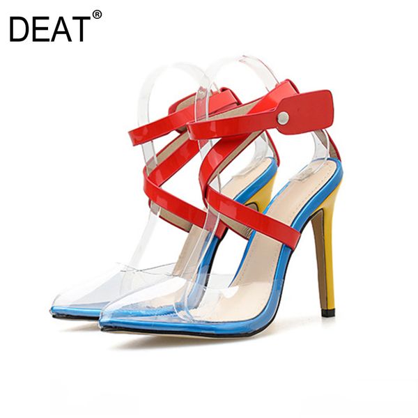 

deat] 2020 new spring summer pointed toe shallow hit color cross band pu leather thin heels sandals for women shoes 10g723 0928, Black