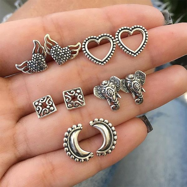 

stud 10 pcs/set bohemian retro elephant heart wing moon square silver color earrings set ladies jewelry gift, Golden;silver