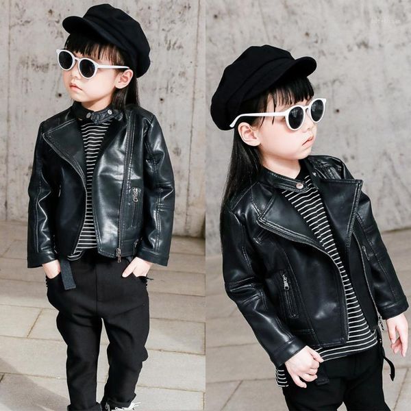 

2020 fashion spring motorcycle girls leather coat autumn windproof children boys high street pu leather short jacket outerwear1, Blue;gray