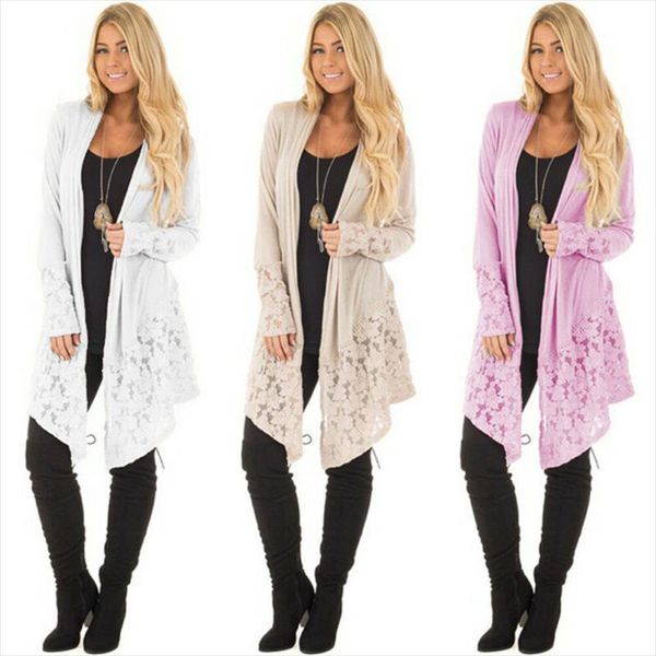 

plus size womens long sleeve knitted cardigan 2019 new casual solid sweater back lace outwear coat jacket, White;black