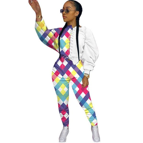 

women's tracksuits felyn 2021 arrival 2 pcs women set plaid patchwork bandage long pants autumn winter outfits, Gray