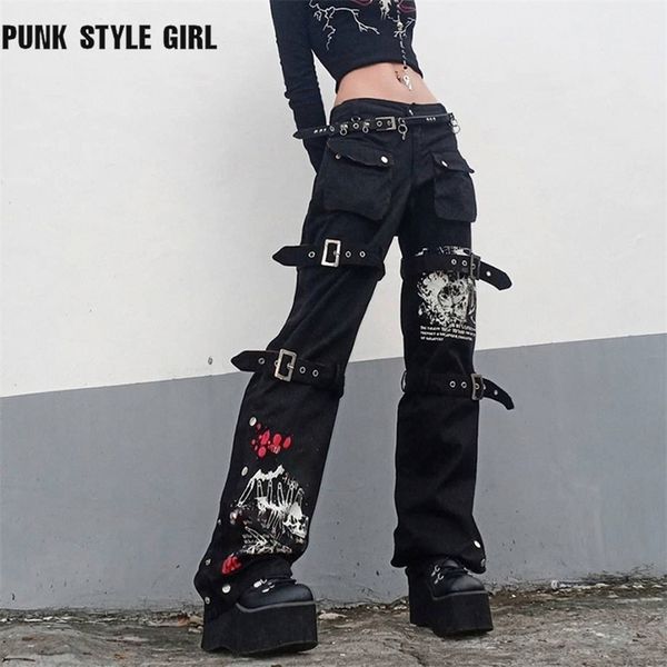 Gótico Emo Alt Calças de Carga Techwear Hip Hop Jeans Preguiçoso Goth Punk Preto Denim Calças Streetwear Acadêmico Cintura Baixa Corredores Y2K 220211