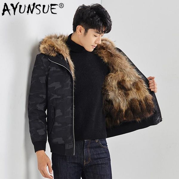 

ayunsue 2020 real fur coat men parka winter jacket for men natural raccoon fur liner short mens winter parkas 19883 kj3451, Black
