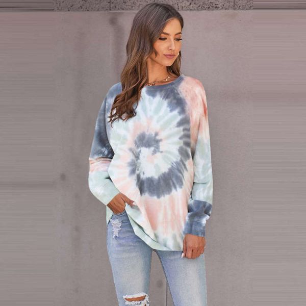 

neck long sleeve tie dye round positioning printing personalized women's casual sweater, Black
