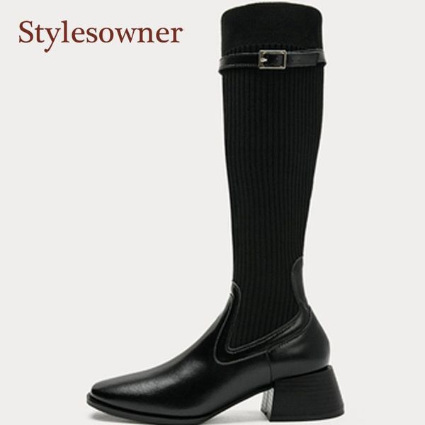 

square-toe thick-heel long-tube knight boots stretch fabric buckle strap square heel med fashion handsome riding boots, Black
