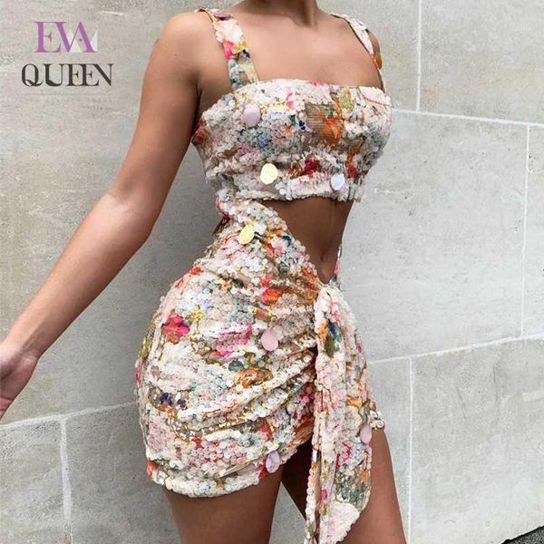 

evaqueen sequin summer print 2 pieces set backless and skirt women set dress two piece women outfit streetwear1, Gray