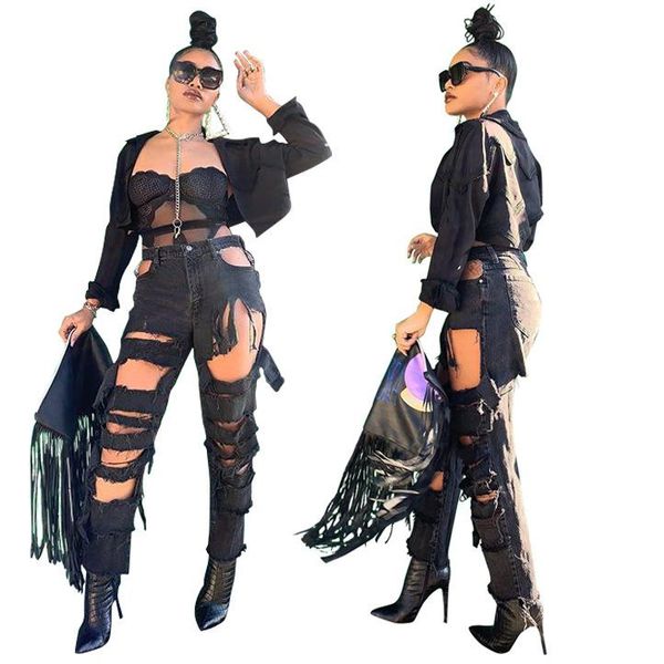 

women's jeans hsf2237 ladies fashion personality ripped holes wild non-elastic slim straight trousers, Blue