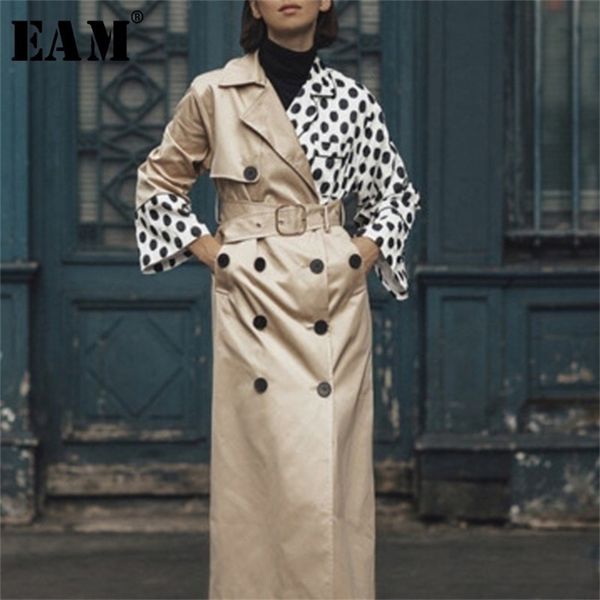 

[eam] women khaki dot print split trench new lapel long sleeve loose fit windbreaker fashion tide spring autumn oa7010 201226, Tan;black