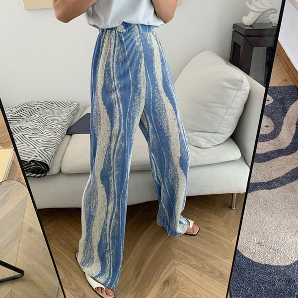 

[ewq] summer new rendered color stripe pleated high waist was thin and thin wide-leg pants trendy women's trousers 201109, Black;white