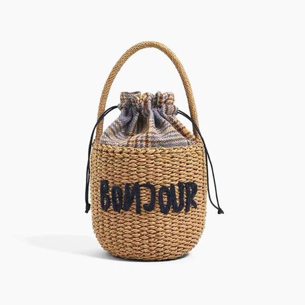 

new round bucket bag small straw bag women summer rattan bags portable woven letter crochet string beach