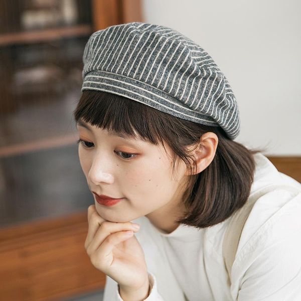 

berets 2021 beret women's spring and autumn leisure fashion striped bud hat cotton linen trend, Blue;gray